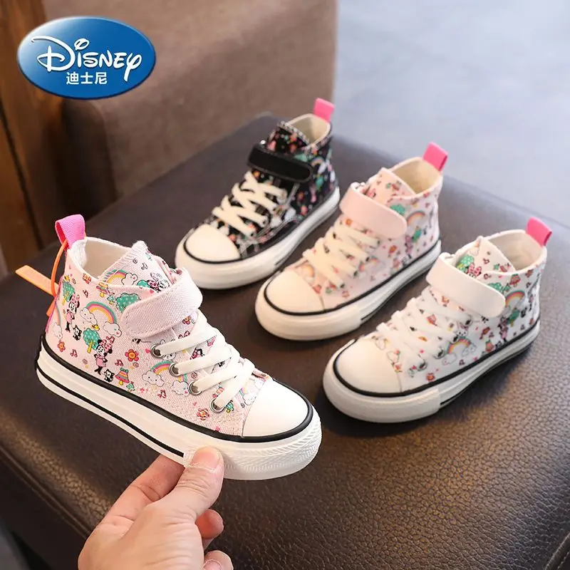 

Disney Girls' Canvas Shoes Breathable Cartoon Children's High Top Casual Shoes White Black Shoes Baby Size 24-37