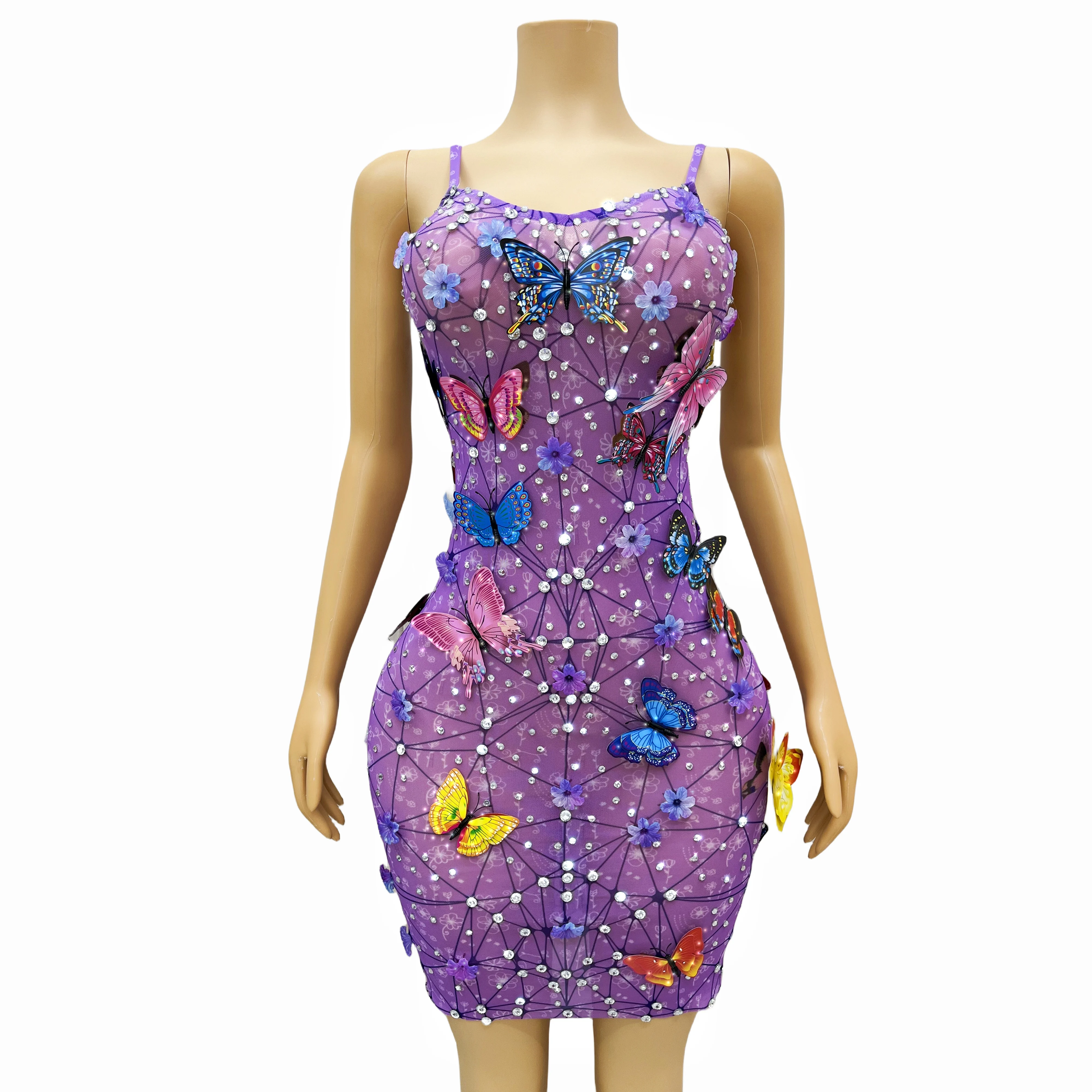 

Flashing Lovely Butterfly Rhinestones Flowers Dress Purple Transparent Birthday Celebrate Costume Sexy Fancy Outfit pudie
