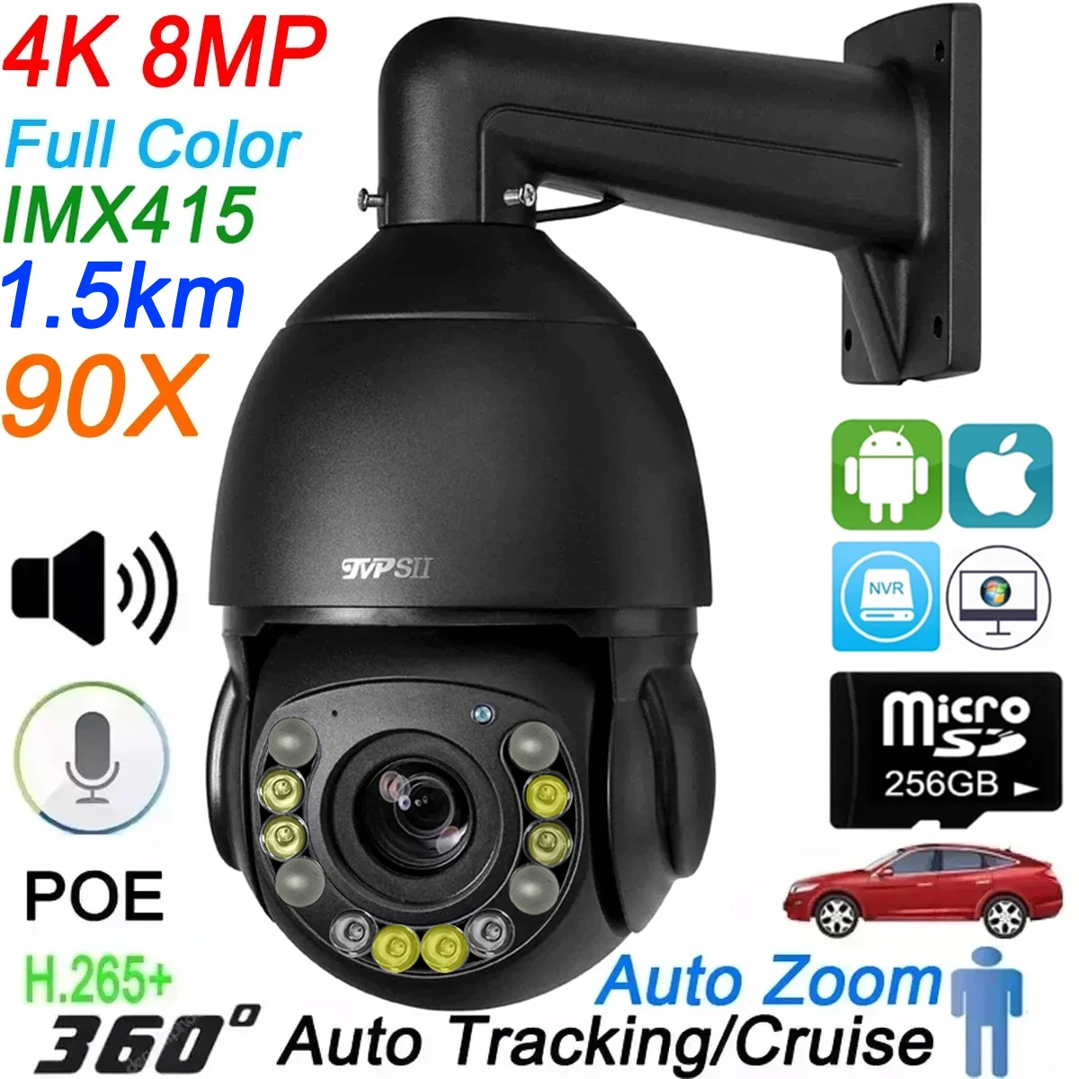 Black Full Color Auto tracking 8MP 4K 90X Optical Zoom Rotation Audio Outdoor ONVIF POE PTZ IP Surveillance Speed Doom Camera
