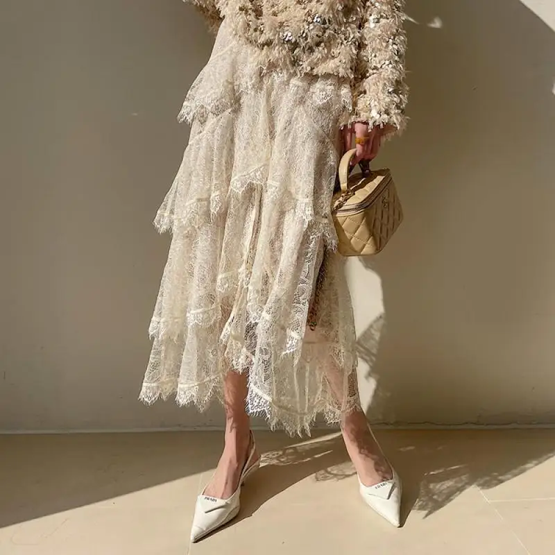 

Fashion Irregular Cake Layer Lace Mid Length Skirt Women Luxury Elegant High Waist Apricot Lace Skirts 2024 Autumn Winter