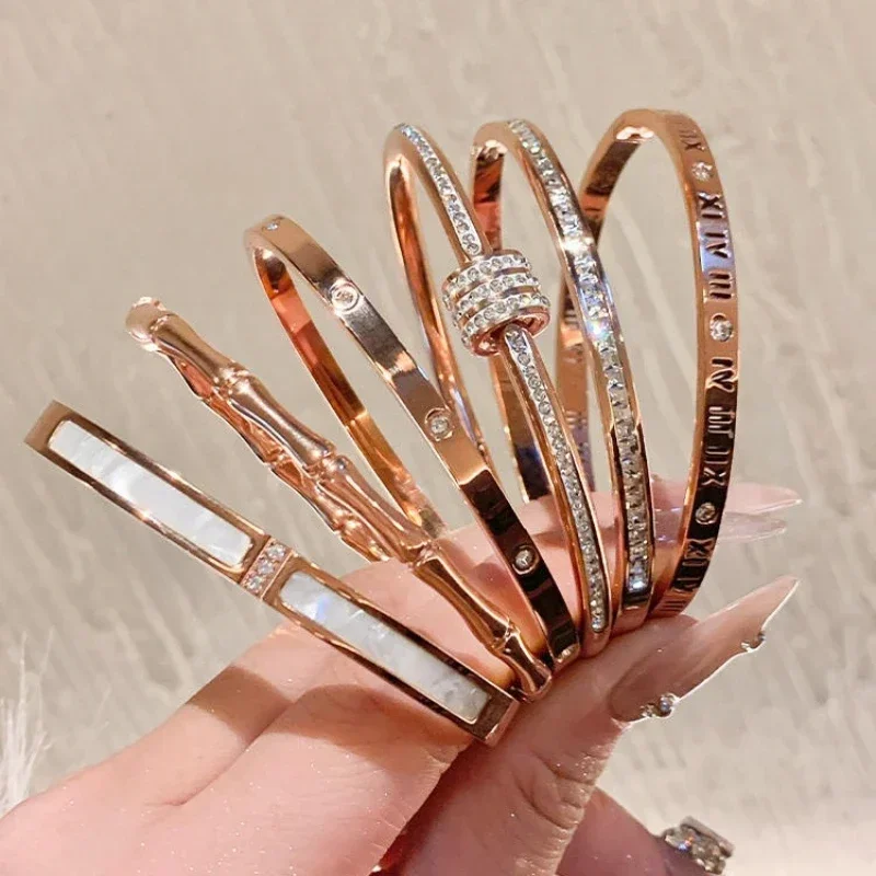 Titanium Steel Rose Gold Color Bangles for Women Girls Trend Waterproof Jewelry Luxury Sparkling Zircon Bracelet Bangle 2