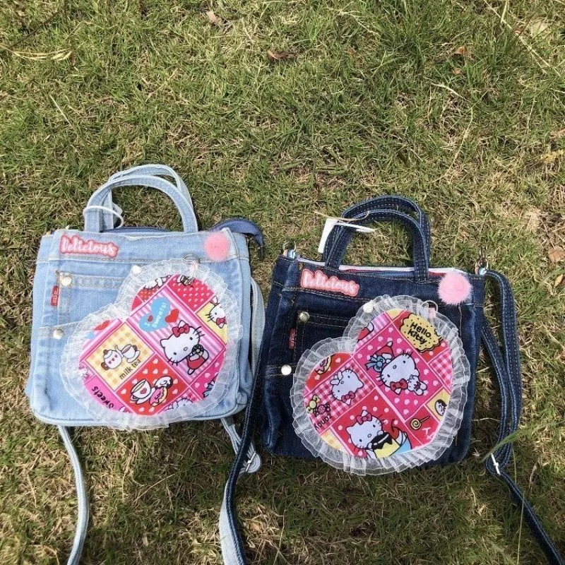 MBTI Y2k Hello Kitty Shoulder Bag for Women Vintage Denim Small Patchwork Love Heart Handbag Lace College Style New Armpit Bag