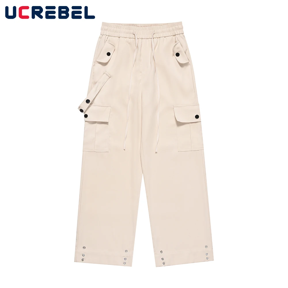

Multi-Pocket Casual Pants Mens Solid Color Elastic Waist Cargo Pants Autumn Safari Style Loose Straight-leg Pants