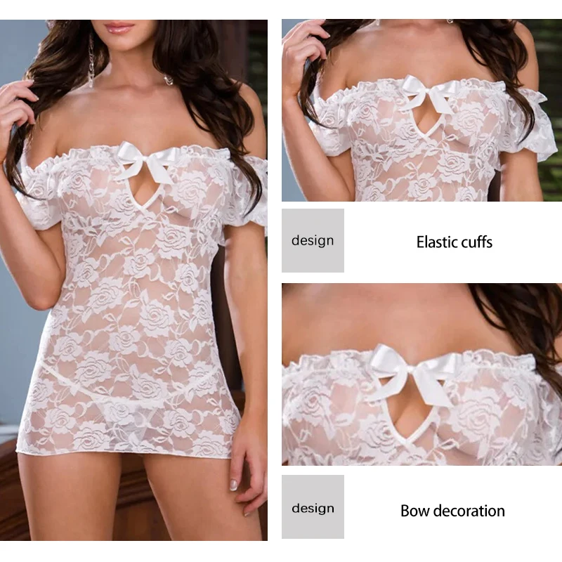 Sexy Lace Sexy Lingerie Lace Print Embroidery Perspective One Shoulder Dress Black Thong Hot Women's Dress