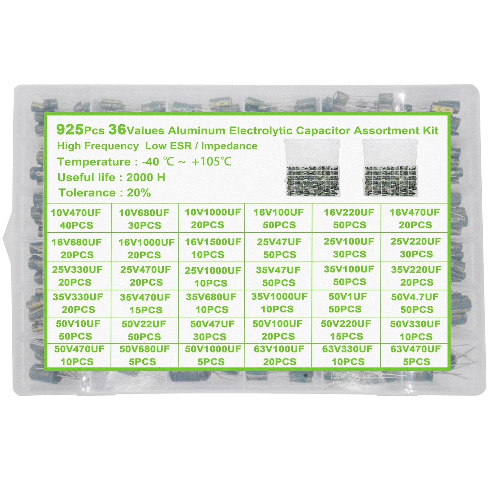 925Pcs 36Values Aluminum Electrolytic Capacitor Assortment Kit Low ESR 1uF 4.7uF 10uF 22uF 47uF 100uF 220uF 330uF 470uF 10V-63V electrolytic capacitor aluminum electrolytic capacitor