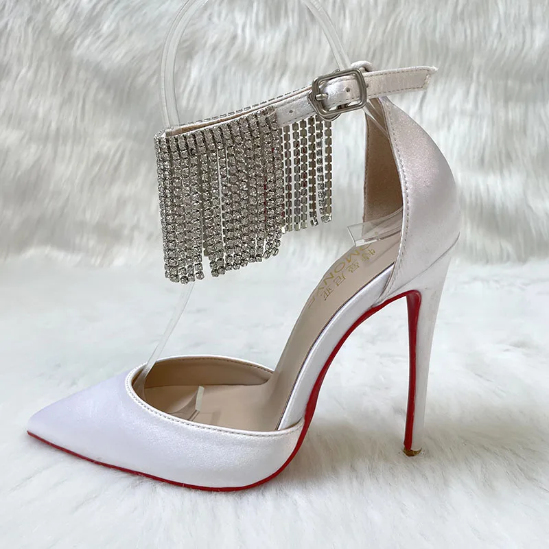 

Spring and Summer New Silk Face Pointed Rhinestone Tassel Sandals Slim High Heel Party Dress Large and Small Women's Single Shoe