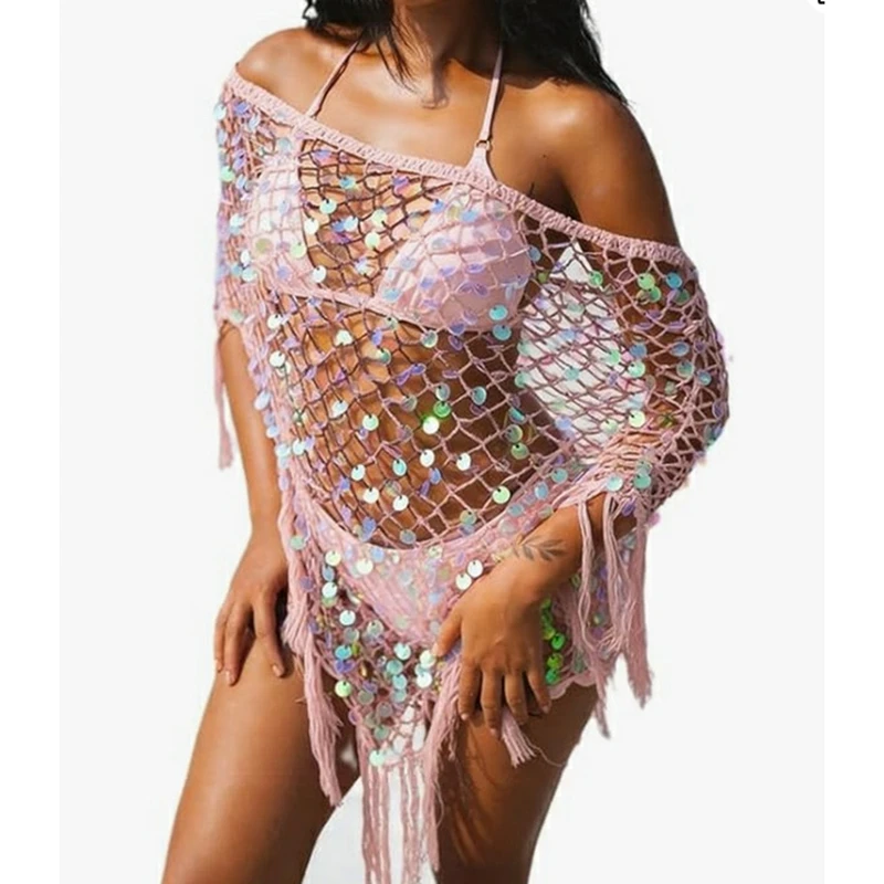 Women's Triangle Tassel Hem Knit Ponchos Sequins Off One Shoulder Y2k Loose Crochet Hollow Out Shrug Shawl Cover-ups Beachwear 2