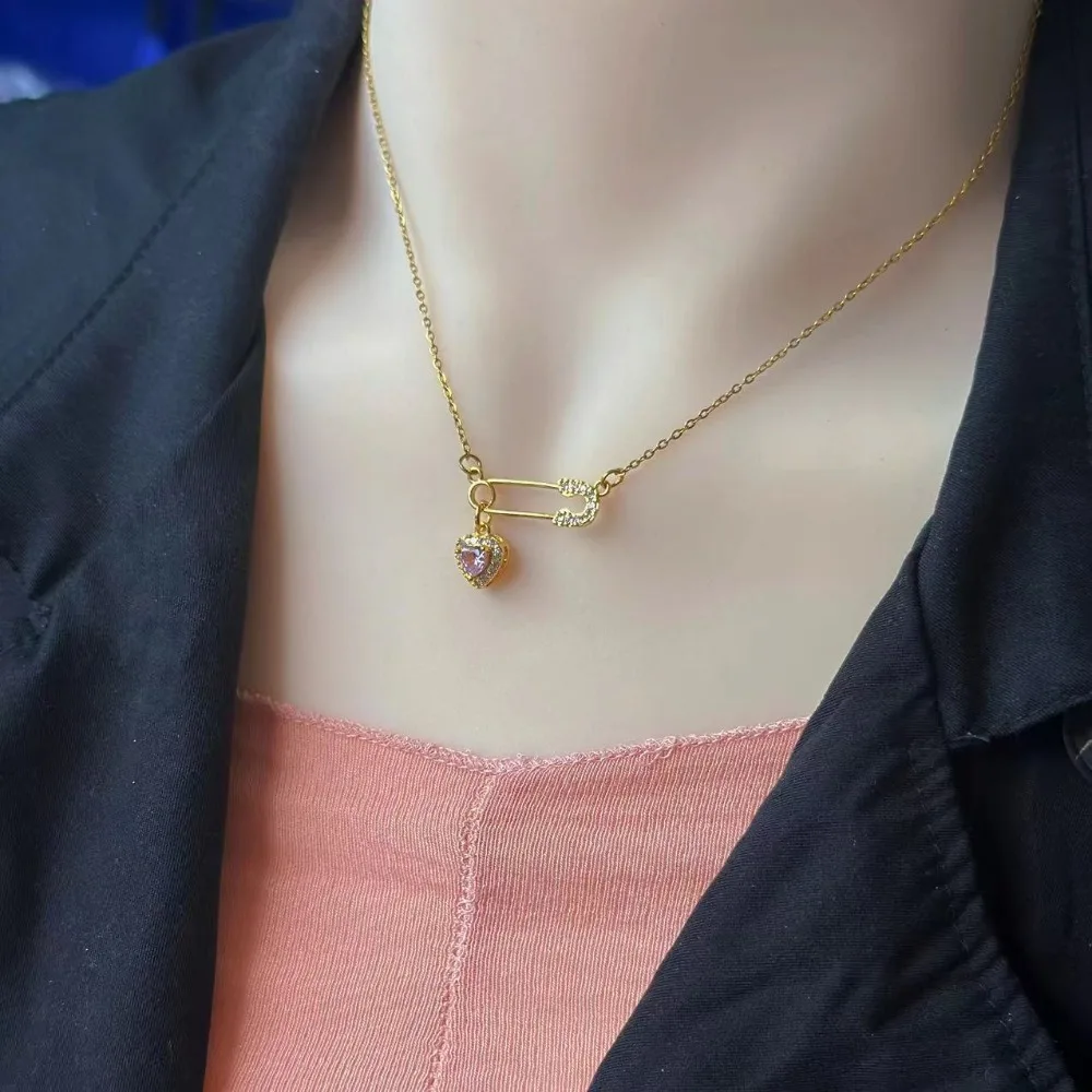 New Love Pendant Pin Necklace Safety Needle Clip Necklace Zircon Hollow Choker Women 15 S56ac6225ceac4d8db8e636f2686ec4ffO