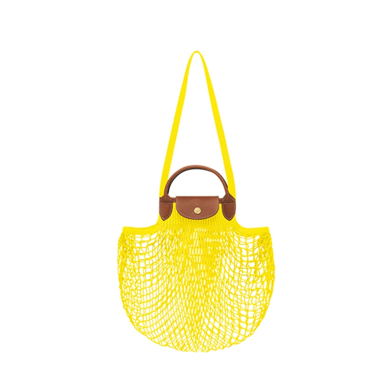Fashion Mesh Fish Net Women Tote Beach Handbag Summer Branded Large Foldable Portable Grocery Shopper Purses With Leather Handle