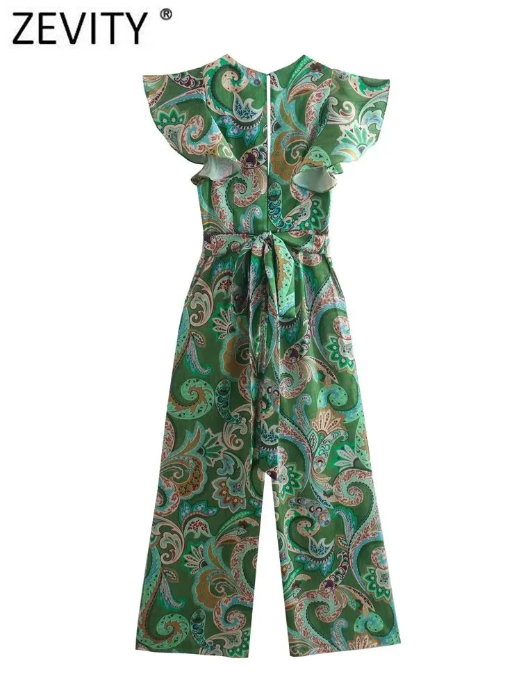 Zevity Women Vintage V Neck Paisley Floral Print Casual Wide Leg Pants