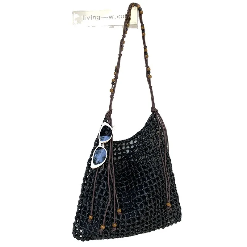 Beach Slim Tote Bags For Women Luxury Designer Handbags Purses 2025 New In Straw Woven Beaded Hollow With Inner Pocket Shoulder