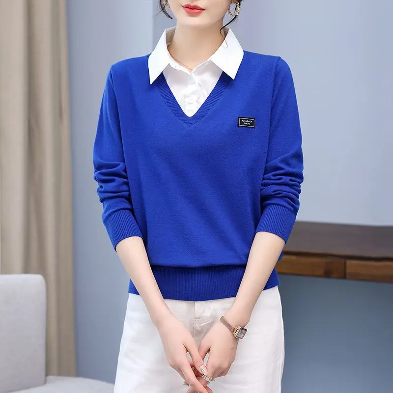 Solid Turn-down Collar Patchwork Loose Button Casual Straight Pullovers Women\'s Clothing Dignified Autumn Winter Thin Bottoming