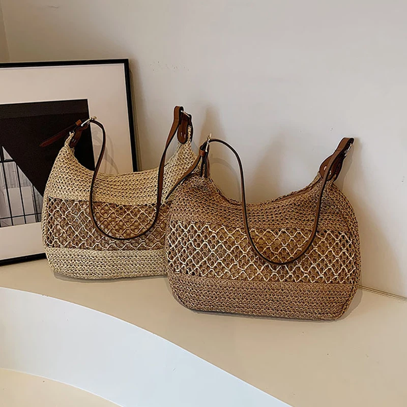 Summer Straw Weaving Shoulder Bag Large Capacity Crochet Beach Handbag Women Handmade Woven Hollow Out Underarm Knitting Bag