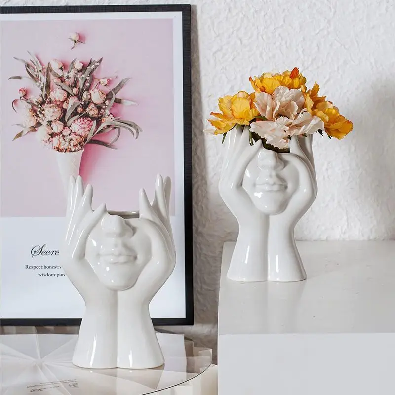 Nordic Abstract Face Makeup Brush Holder Organizer Plastic Cosmetic Brush Cup Pen Holder Flower Vase for Vanity Desk Home Decor 3