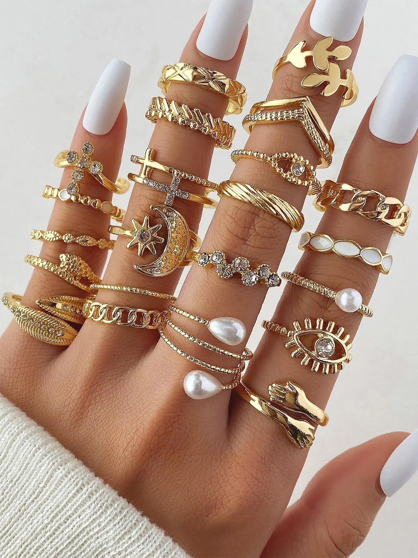 Fashionable Punk Style Cartoon Pearl Rings Set Women Parties Festivals Gifts Daily Versatility Jewelry 22 Pcs/Set