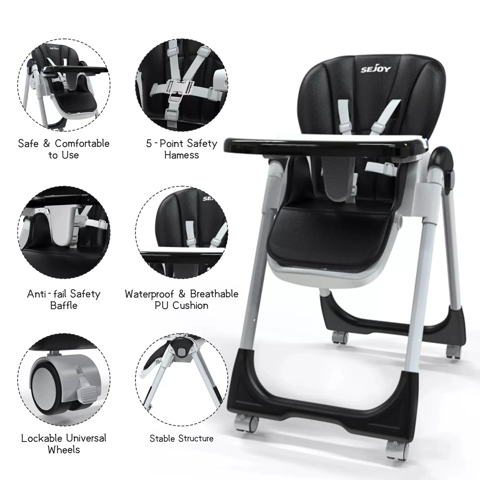 Sejoy Baby High Chair Foldable Highchair Adjustable Backrest Double Removable Tray Detachable PU Leather Cushion High Chair for 6
