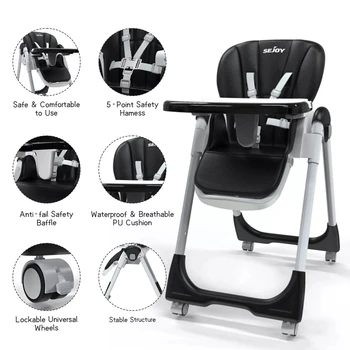 Sejoy Baby High Chair Foldable Highchair Adjustable Backrest Double Removable Tray Detachable PU Leather Cushion High Chair for 6