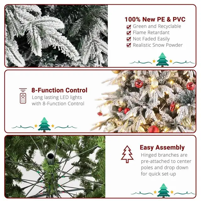 7ft Pre-lit Artificial Christmas Tree Snow Flocked Full Prelighted Xmas Tree with 1687 Branch Tips,450 LED Light 8 Modes 5