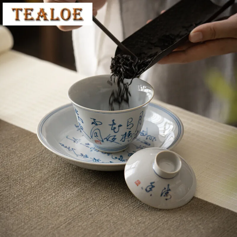 150ml Handpainted Poetry Gaiwan Household Blue and White Porcelain Cover Bowl Elegant Anti Scald Tea Tureen Tea Making Accessory