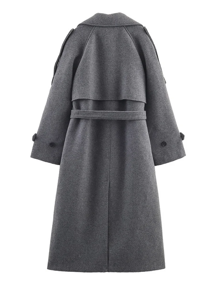 Frauen Lange Mäntel Revers Mit Gürtel Zweireiher Woolen Mantel Chic Weibliche Volle Hülse Dünne Herbst Mäntel Neue Dame Outer – Detail 4