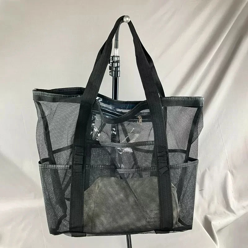 Portable Black Mesh Big Storage Handbag Foldable Lightweight Carry Bag Ideal for Summer Swimming Camping Travel Beach Essentials