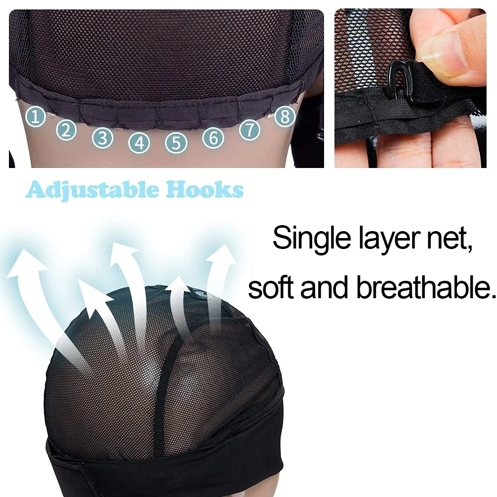 2 Pcs Headband Wig Caps Adjustable Mesh Wig Grip Cap Ice Silk Material for Making Headband Wigs with Adjustable Hook 6pcs Clips