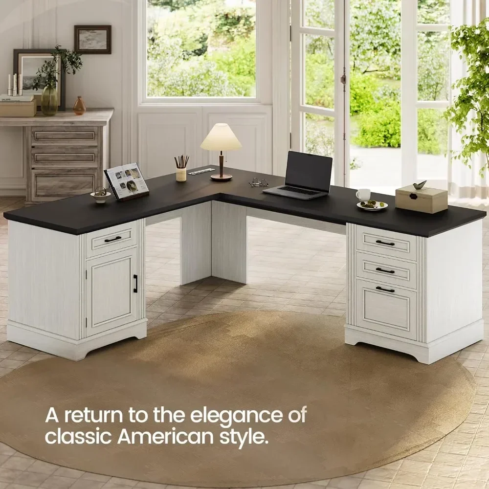 "l-shaped executive desk for home office with storage drawers and integrated power outlet"