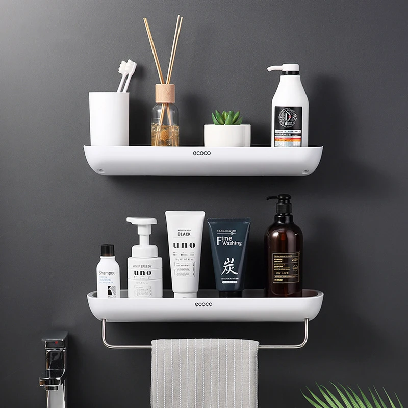 ECOCO Bathroom Storage Rack Shower Shelf Punch Drill Free Adhesive Cosmetic Organizer On Wall Towel Hanger Kitchen Organizer 2
