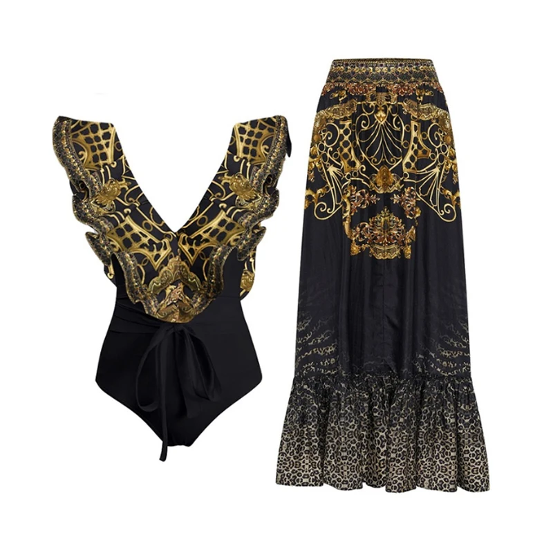 

2023 Sexy One-piece Swimsuit Skirt Summer Women Vintage Black and Gold Print Swimwear Beach Dress Cover Up Monokini Bathing Suit