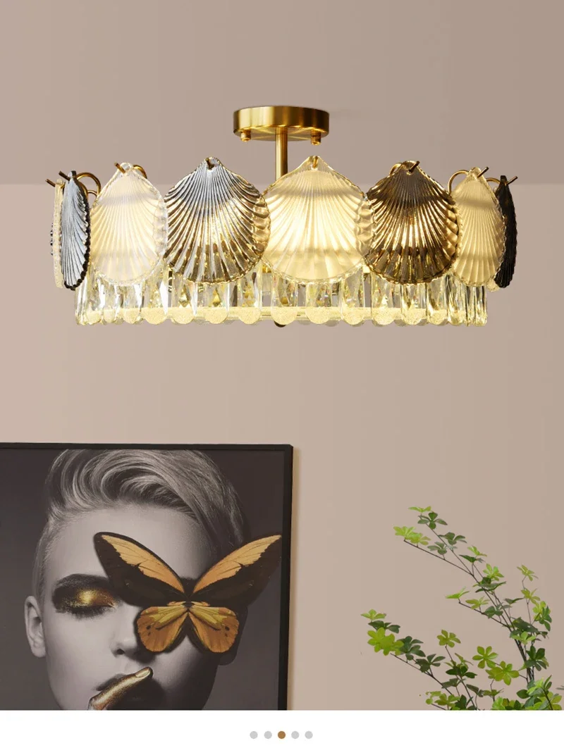 Description Picture 2 of itemShell Crystal French Modern Design Creative LED Ceiling Chandelier for Living Room Bedroom Restaurant Light Fixture Iron
