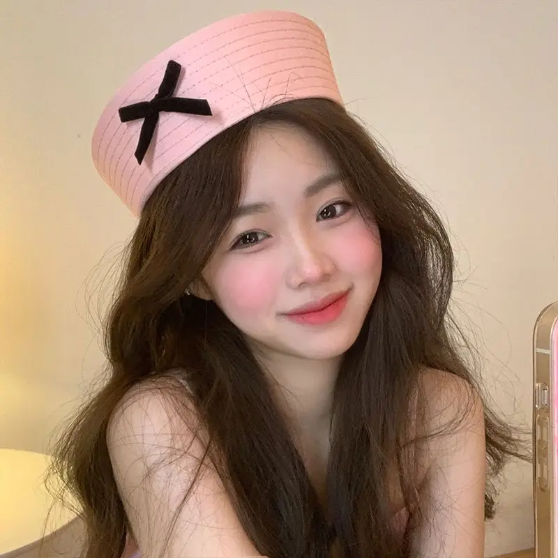Sailor Hat Women Hats Kawai Bow Nurse Hat Sexy Doctor Women Halloween Costume Lovely Pink Sailor Hat Flip Brim Cap Versatile SweetyJK Beret Navy Beret sailor hat,women hats