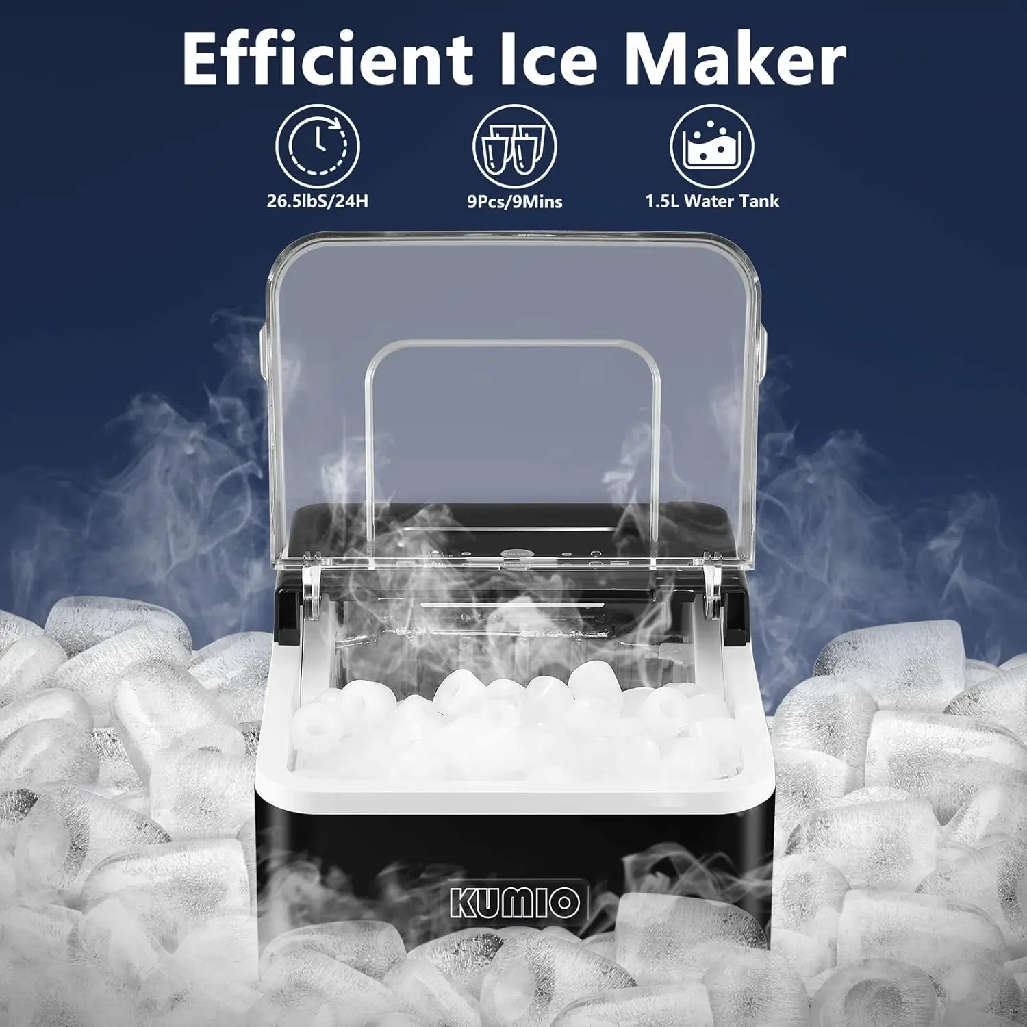 Ice Makers Countertop, 9 Bullets Ready in 9 Mins, 26.5 Lbs/24 Hrs, Ice Machine with Self-Cleaning, Removable Basket & Scoop