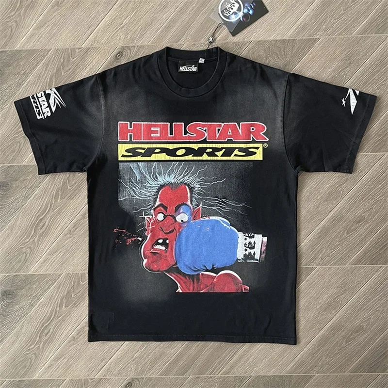 

24ss HELLSTAR Studios Knock Out Tee Men Women 1:1 Best Quality Washed Black Pure Cotton Oversized T Shirt