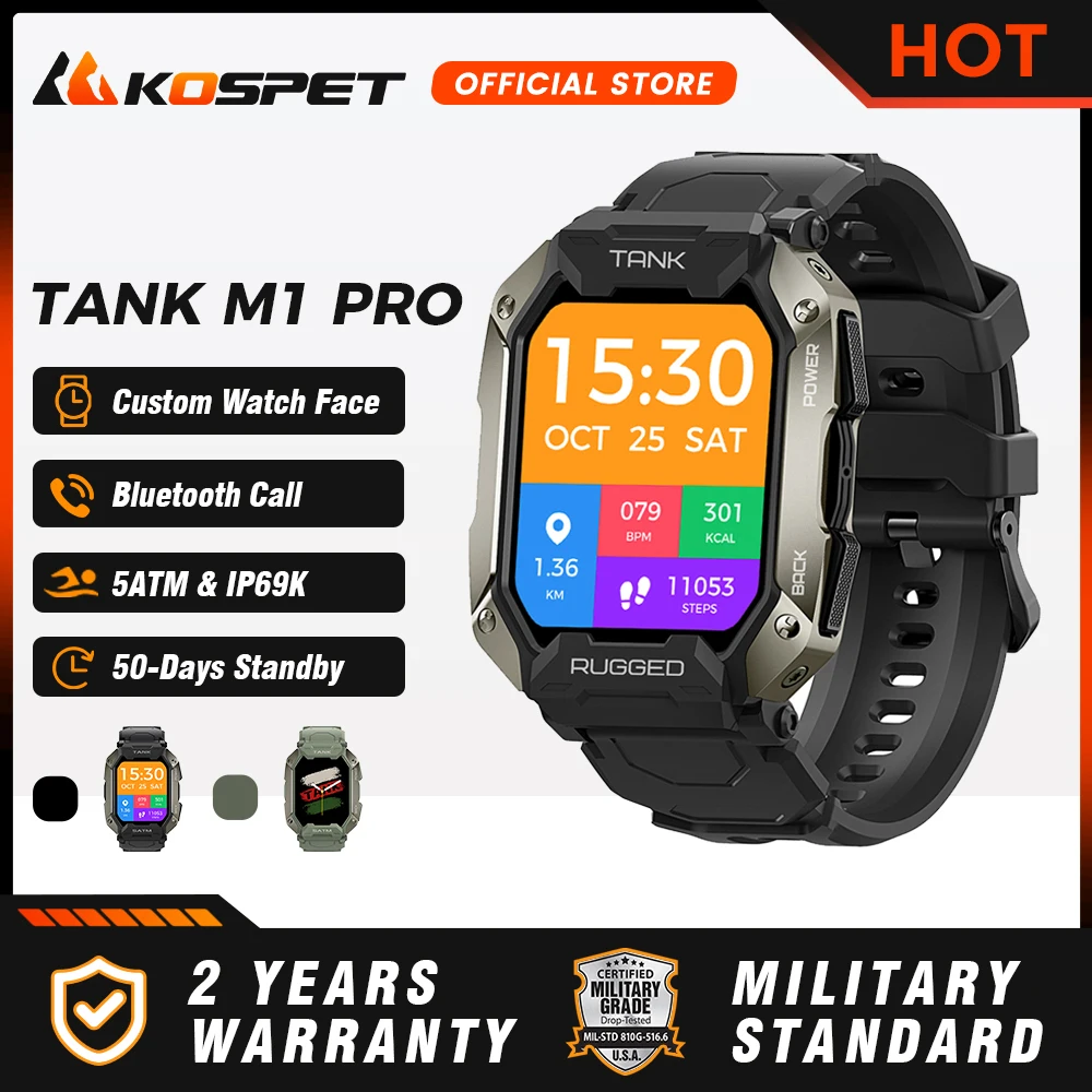 2024 KOSPET TANK M1 PRO Smartwatch Men Answer/Make Call IP69K 5ATM Waterproof Smart Watch Sport Fitness Tracker Watches for Men