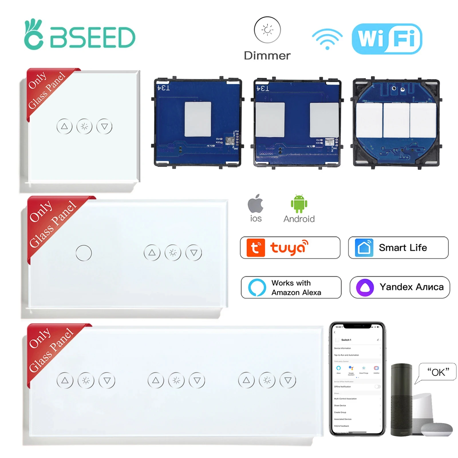 BSEED Wifi Dimmer Wall Light Switch 1/2/3 Gang สมาร์ทสวิทช์สัมผัสฟังก์ชั่นฐานกระจกแผงด้านหน้าชิ้นส่วน DIY ฟรีผสม 1