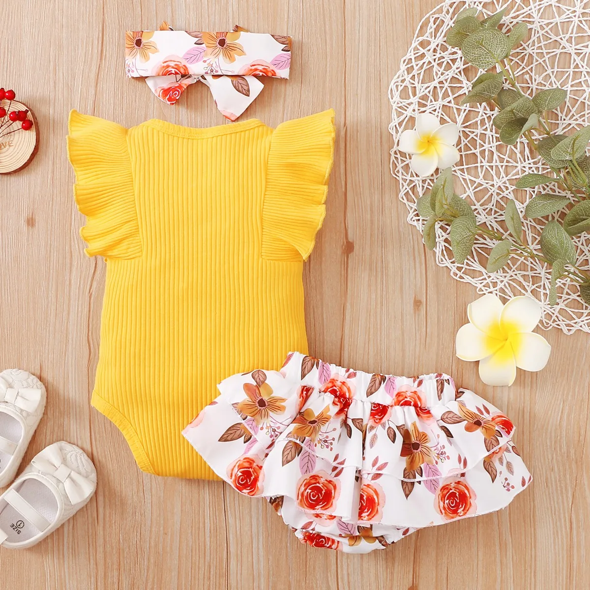 Baby Clothing Set discount hibobi Baby Girl Clothes Set Flower Print Girls Ruffle-sleeve Romper Summer Bodysuit Floral Pattern Shorts Headband Set 3Pcs small baby clothing set	