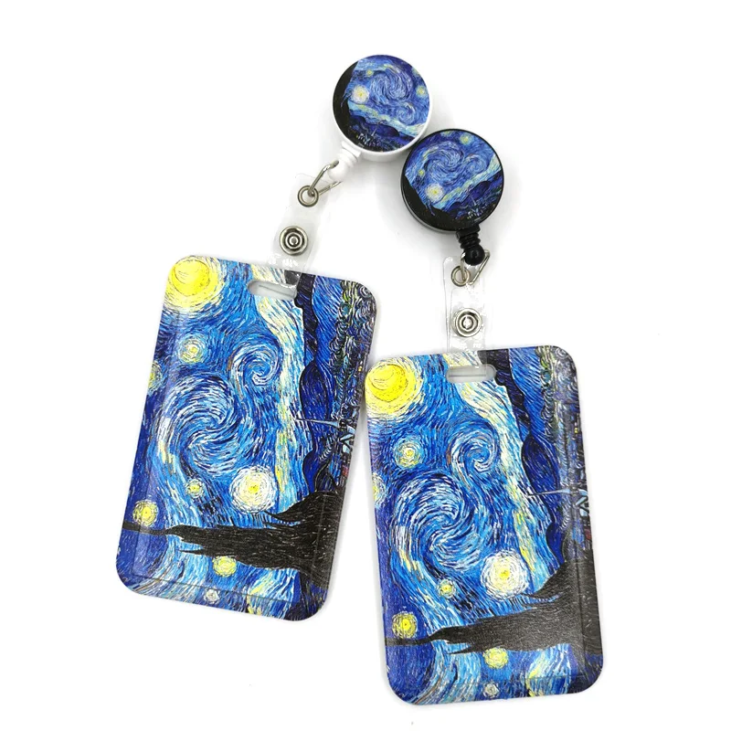 Art Van gogh Oil Painting Starry Sky ID Retractable Badge Holder Reel ID Badge Holder Clip Key Ring ID Card Keychain Nurse Work