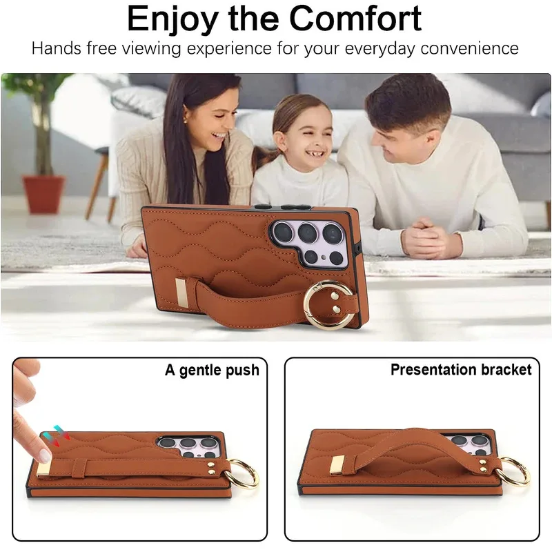 Luxury PU Leather Ring Phone Case with Wrist Strap Holder - Shockproof Cover