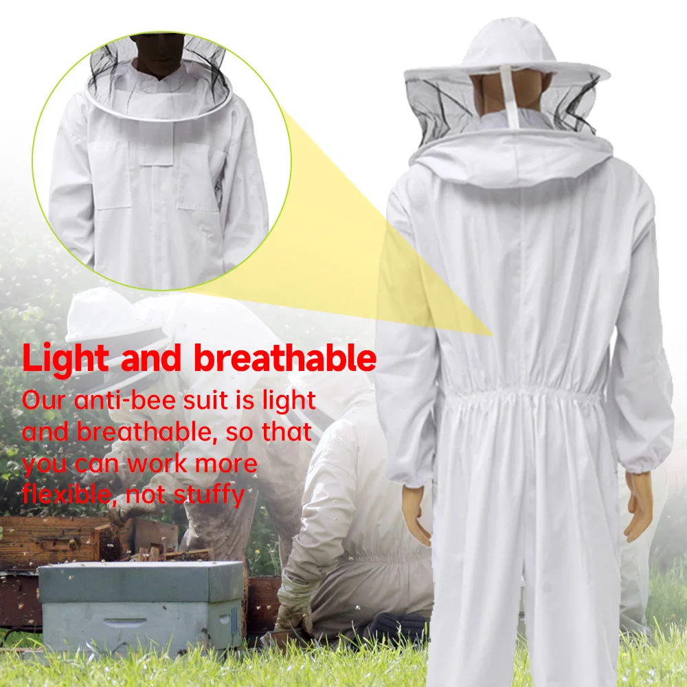 Full Body Bee Protective Suit Breathable Fabric Hooded Clothing Veil Hat With Zipper Beekeeping Firm Fit Beekeeping Equipment