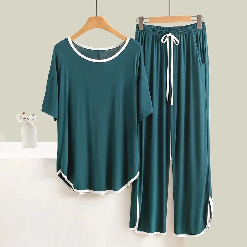 Plus Size 5XL 150KG Spring Summer Women Pajamas Set Short Sleeve Tops and Pants Solid Color Sleepwear Pajamas Suit Home wear
