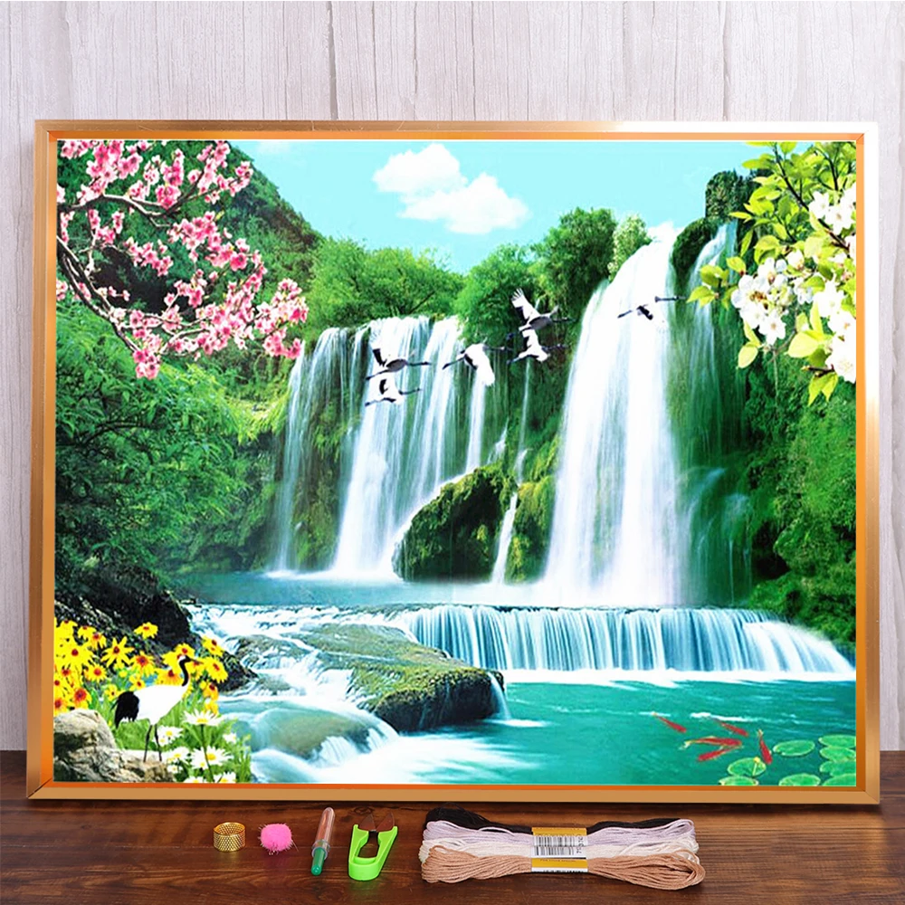 Landschaft Wasserfall Gedruckt 11CT Kreuzstich Komplettset DIY Stickerei Handwerk Nähen Handarbeit Malerei Mulina Nadel gezählt – Detail 17