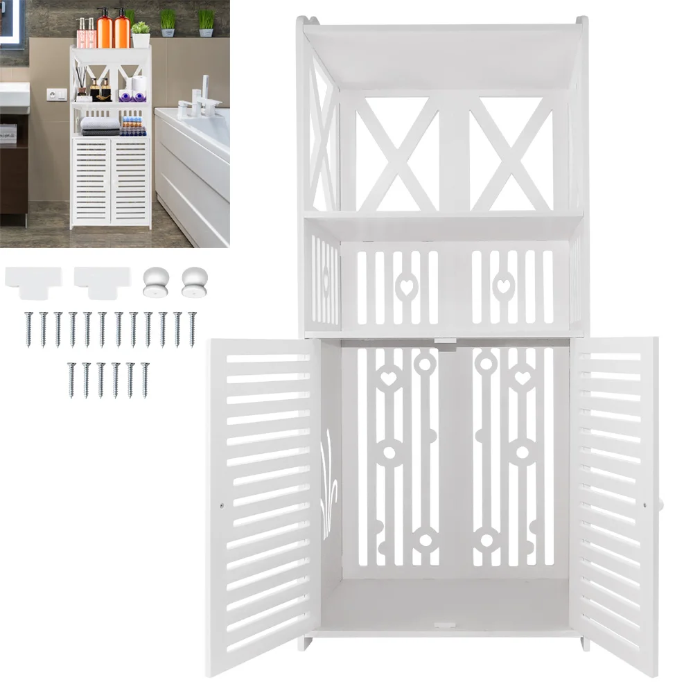 Bathroom Floor Cabinet,Waterproof FreeStanding Bathroom Storage Unit with Daily Use Layer and Cupboard Double Door,3 Tier PVC