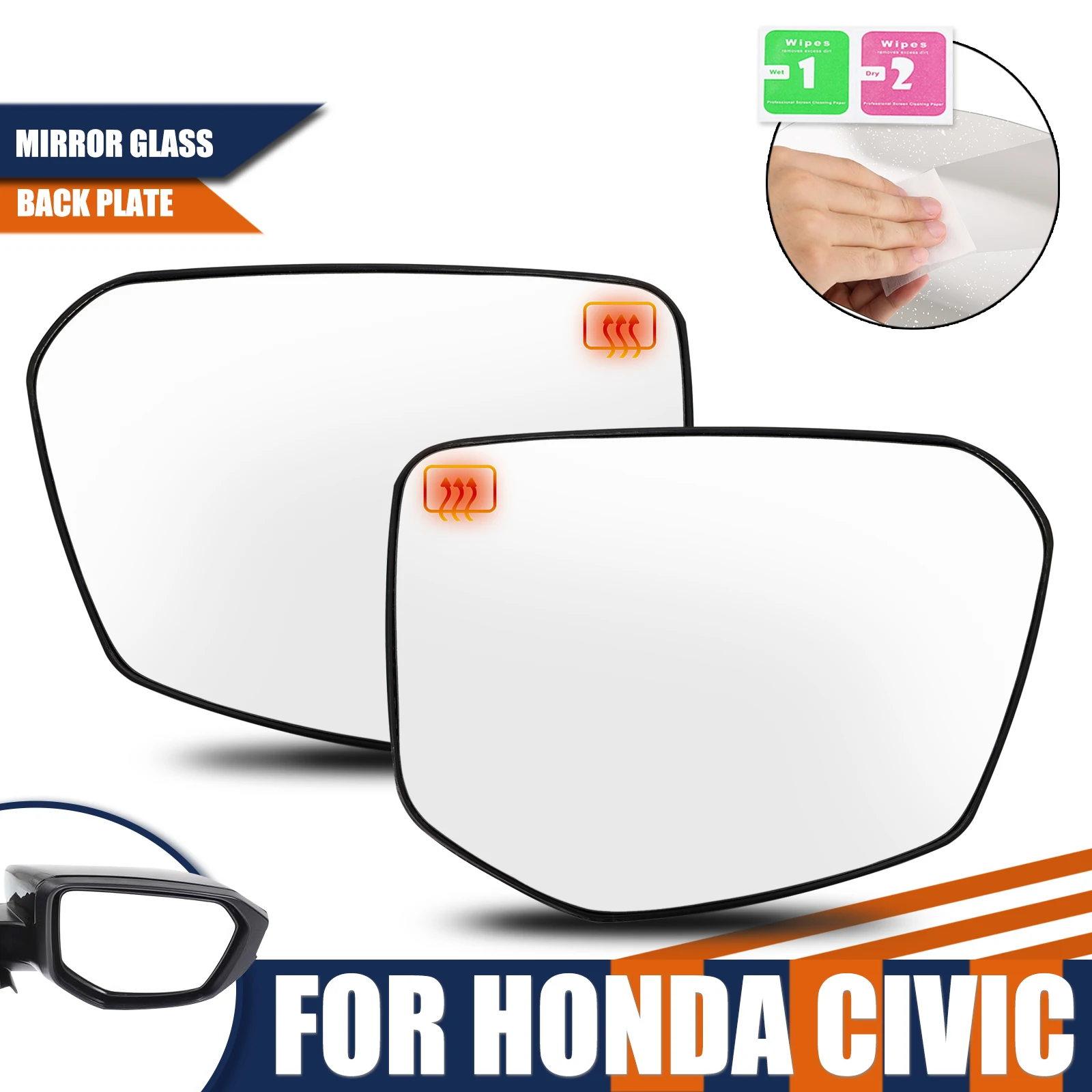 Left Right Side Mirror Glass Convex Heated Wide Angle With Back Plate Rearview Door Wing Mirror Glass For Honda Civic 2015-2021