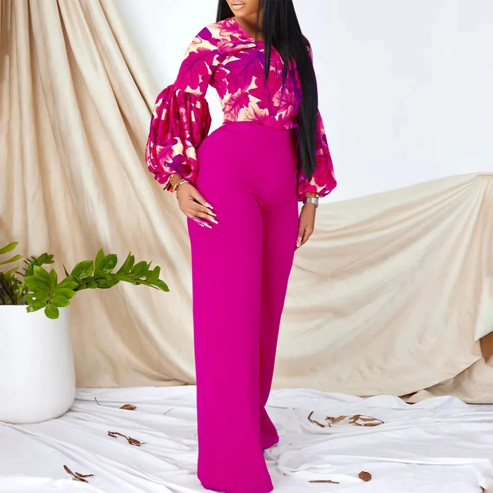 2024 Summer Fashion Printing Two Piece Set Women Office Ladies Casual Printing Shirt Wide Leg Pants Two Piece Set African Women