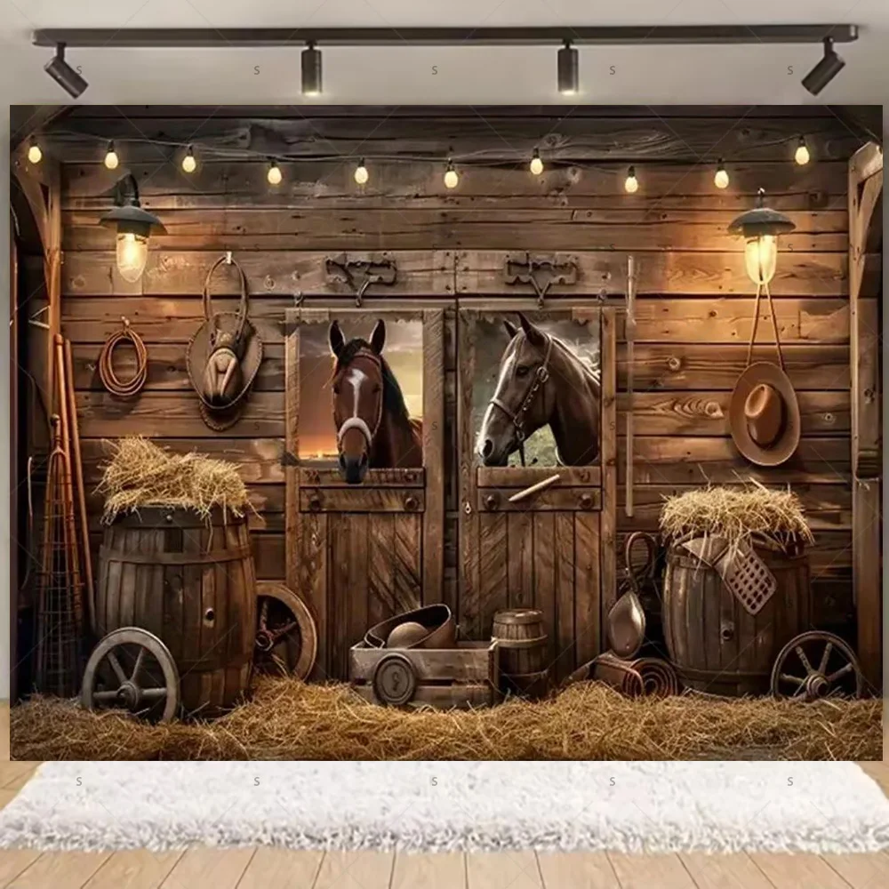 Sfondo a tema festa occidentale 5,9 x 3,6 m Western Cowboy decorazioni per feste fornitura Wild West decorazione a tema casa in legno fienile sfondo fotografico per bambini foto compleanno banner