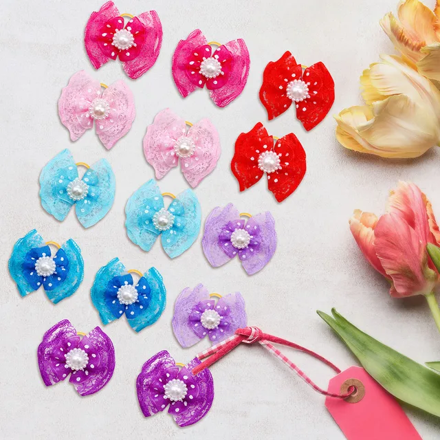 10pcs Pet Dog Hair Bow Accessories Lace Pearl Accents Colourful with Rubber Bands for Cute Medium Small Dog Cats Pet Decoration 5