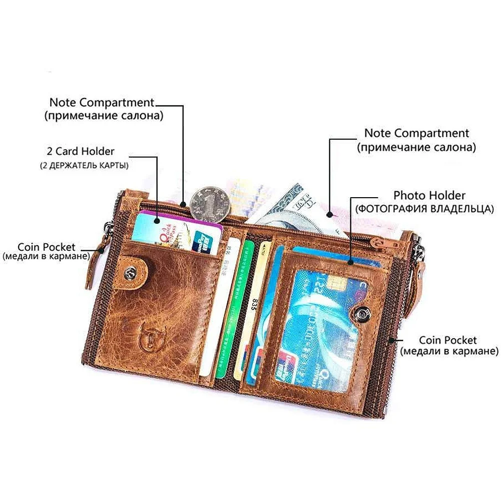 Men fashion Genuine Leather Zipper Men Wallet Vintage Mens Small Wallet Short Design Cowhide Leather Coin Purse Card Holder