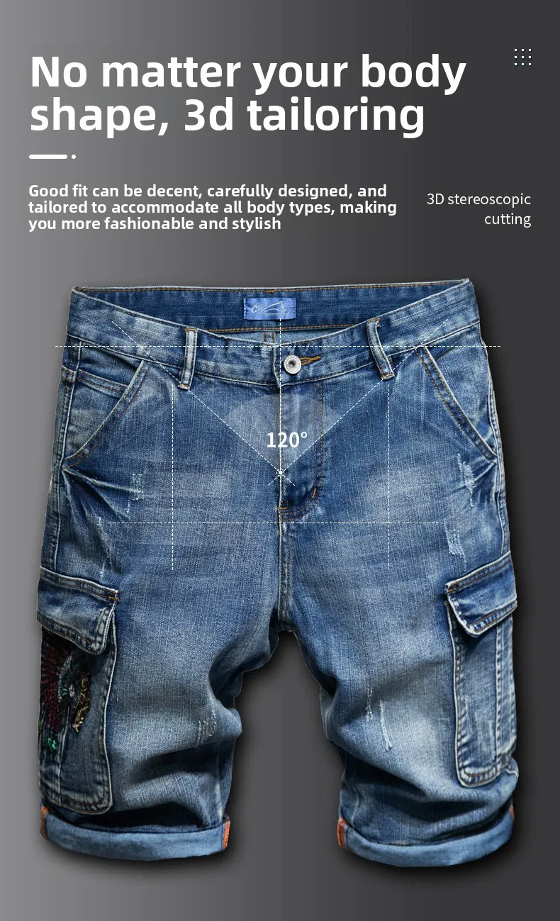 Embroidery Multi-pocket Denim Shorts Men's Pants Large Size Loose Outer Wear Medium Pants Summer Cargo Jeans Denim Short Men
