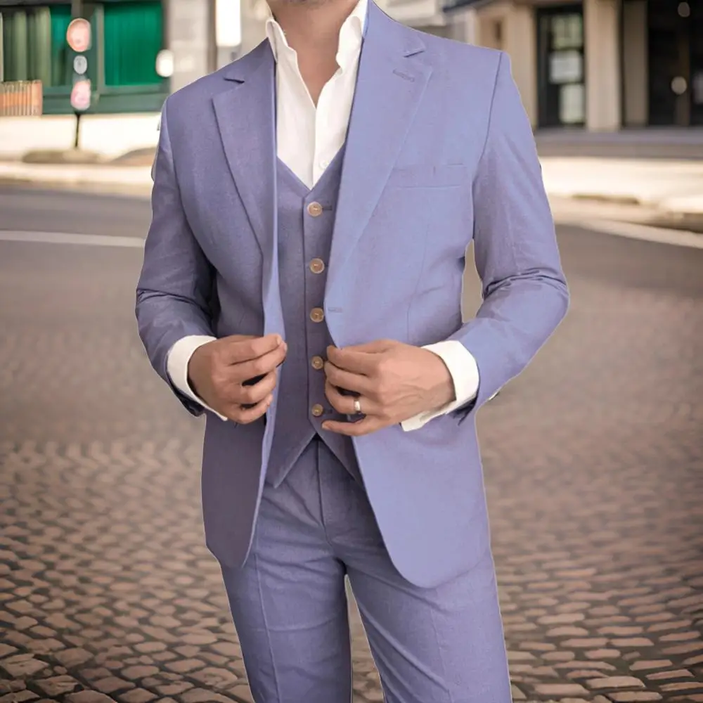 Men's Linen Casual Style 3 Piece Suits Wedding Groom Tuxedo