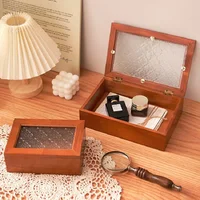 Lock storage Retro new Chinese solid wood desktop storage box Stationery box Dust-proof crabapple flower glass jewelry storage b 2